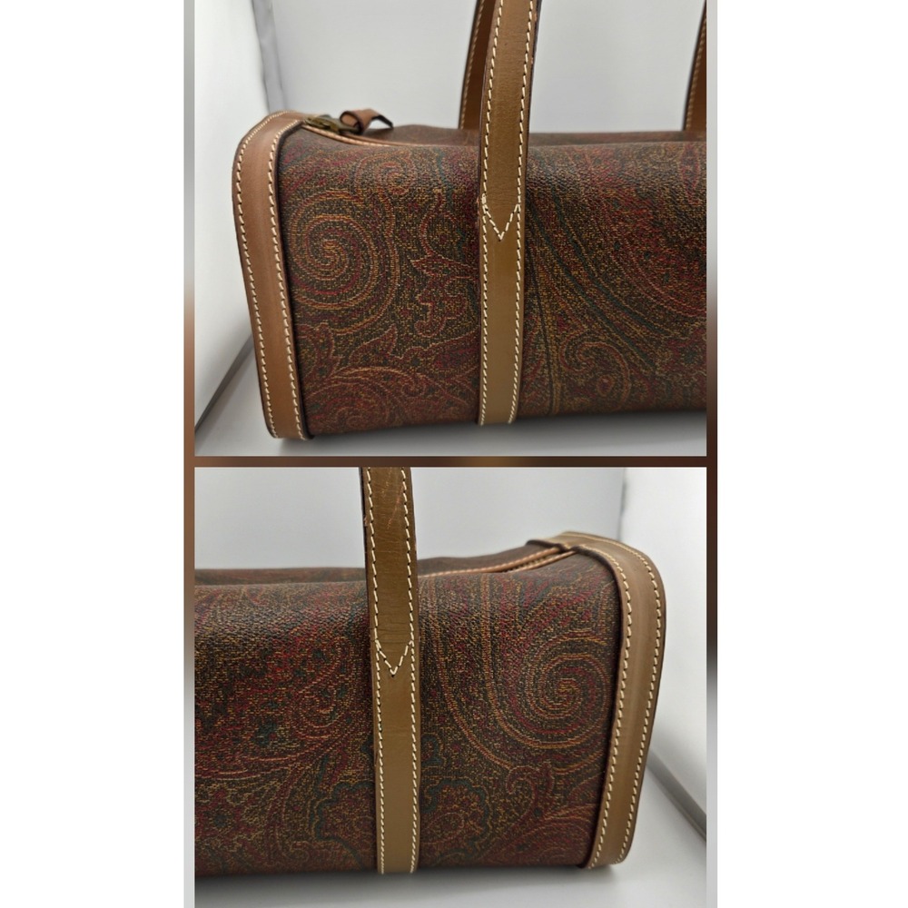 Etro Milano Paisley Print Barrel Bag Brown Leather Trim Vintage Cylinder Satchel - Picture 3 of 10